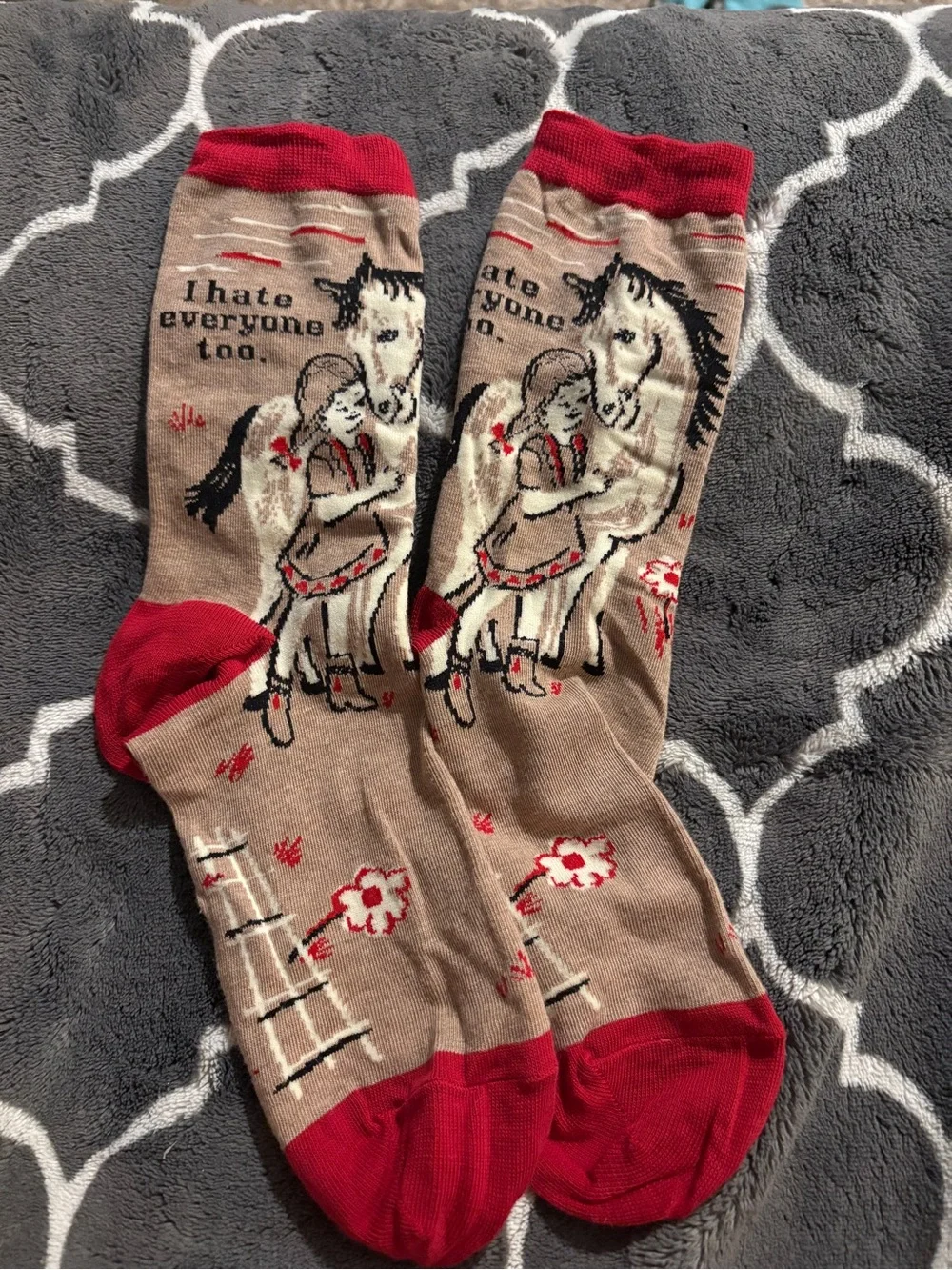Blue Q Beige Crew Socks with Red Accents and Horse & Girl Motif
